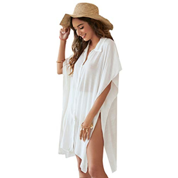 SweatyRocks Women's Button Up Tie Front Kimono Short Sleeve Swimwear Cover Up White S