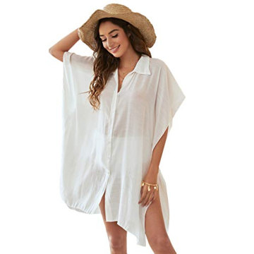 SweatyRocks Women's Button Up Tie Front Kimono Short Sleeve Swimwear Cover Up White S