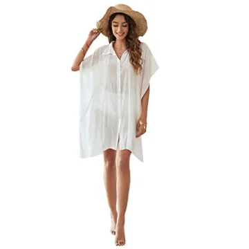 SweatyRocks Women's Button Up Tie Front Kimono Short Sleeve Swimwear Cover Up White S