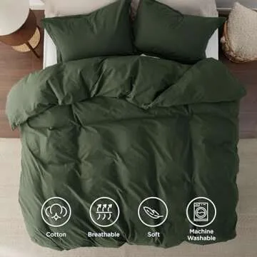 Bedsure 100% Washed Cotton Duvet Cover King Size - Olive Green Minimalist Cotton Duvet Cover Linen Like - GentleSoft™ Plain Simple Bedding Set with 2 Pillow Shams (Olive Green, King, 104"x90")