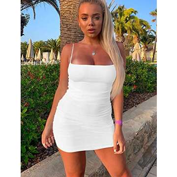 Mizoci Women's Sexy Sleeveless Ruched Spaghetti Strap Bodycon Mini Club Party Dress,X-Small,White