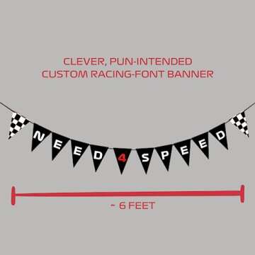 Need 4 Speed 4th Birthday Decorations Race Car for Boys Fourth Four Year, Pre-strung Banner, Letter Balloon Boxes, Foil Checkered Star & Tire Number 4 Balloons, Decor Supplies Set Bundle, Easy Setup