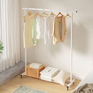 Buzowruil Clothing Clothes Rack Standard Rod Simple Rolling Metal Garment Rack Organizer Freestanding Hanger with Wheels,White