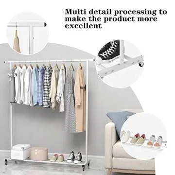 Buzowruil Clothing Clothes Rack Standard Rod Simple Rolling Metal Garment Rack Organizer Freestanding Hanger with Wheels,White