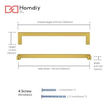 homdiy 7-1/2 Inch Gold Cabinet Handles 6 Pack Bruhsed Brass Drawer Pulls Cabinet Door Handles Stainl...