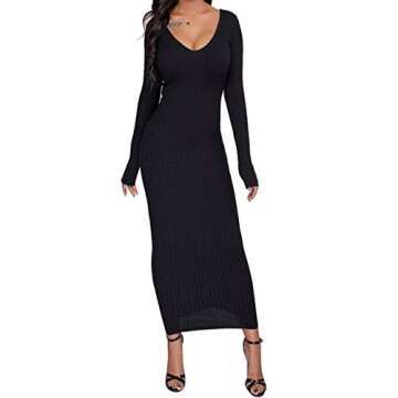 SheKiss Women's Off Shoulder Long Sleeves Bodycon Sweater Dress Sexy Knit Slim Cardigans Black