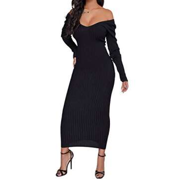 SheKiss Women's Off Shoulder Long Sleeves Bodycon Sweater Dress Sexy Knit Slim Cardigans Black
