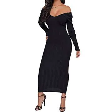 SheKiss Women's Off Shoulder Long Sleeves Bodycon Sweater Dress Sexy Knit Slim Cardigans Black