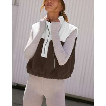 Creerer Fleece Vests for Women Half Zip Up Sleeveless Quilted Jacket Crop Puffer Vest Lightweight Padded Coat Outwear(Brown-M)