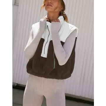 Creerer Fleece Vests for Women Half Zip Up Sleeveless Quilted Jacket Crop Puffer Vest Lightweight Padded Coat Outwear(Brown-M)