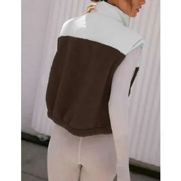 Creerer Fleece Vests for Women Half Zip Up Sleeveless Quilted Jacket Crop Puffer Vest Lightweight Padded Coat Outwear(Brown-M)