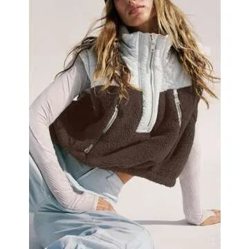 Creerer Fleece Vests for Women Half Zip Up Sleeveless Quilted Jacket Crop Puffer Vest Lightweight Padded Coat Outwear(Brown-M)