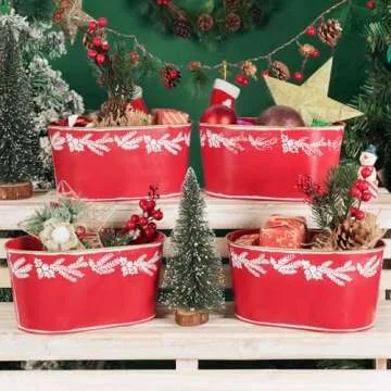 Putuo Decor Set of 4 Christmas Decor Oval Metal Ice Buckets Red Galvanized Tin Bucket Pails Christmas Decorations Storage Beverage Tubs for Party Home Table Centerpieces Decor