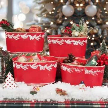 Putuo Decor Set of 4 Christmas Decor Oval Metal Ice Buckets Red Galvanized Tin Bucket Pails Christmas Decorations Storage Beverage Tubs for Party Home Table Centerpieces Decor