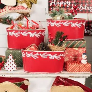 Putuo Decor Set of 4 Christmas Decor Oval Metal Ice Buckets Red Galvanized Tin Bucket Pails Christmas Decorations Storage Beverage Tubs for Party Home Table Centerpieces Decor