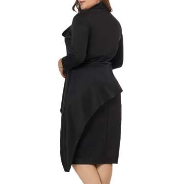 LALAGEN Women's Plus Size Long Sleeve Peplum Tie Neck Bodycon Pencil Midi Dress Black XXL