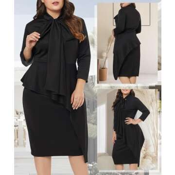 LALAGEN Plus Size Peplum Tie Neck Midi Dress