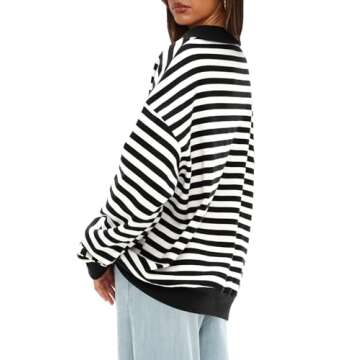 Darong Women Oversized Striped Color Block Long Sleeve Polo Neck Sweatshirt Casual Loose Pullover Sw...