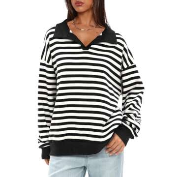 Darong Women Oversized Striped Color Block Long Sleeve Polo Neck Sweatshirt Casual Loose Pullover Sweatshirts Fall Cloth 9072 Black Stripe S