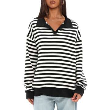 Darong Women Oversized Striped Color Block Long Sleeve Polo Neck Sweatshirt Casual Loose Pullover Sweatshirts Fall Cloth 9072 Black Stripe S