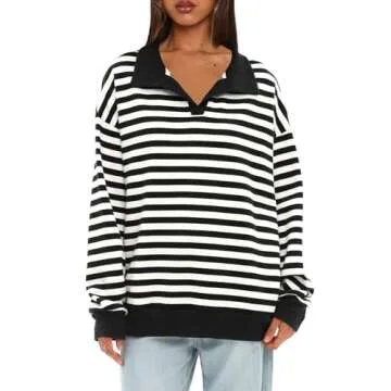 Darong Women Oversized Striped Color Block Long Sleeve Polo Neck Sweatshirt Casual Loose Pullover Sweatshirts Fall Cloth 9072 Black Stripe S