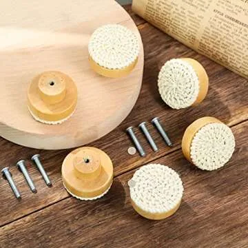 mwellewm 6 Packs Boho Dresser Knobs with 6 Screws, Wood Knobs for Dresser Drawers Boho Handmade Wicker Woven for Boho Furniture Cabinet Wooden Knobs Drawer Handles Dresser Hardware Pulls (White)