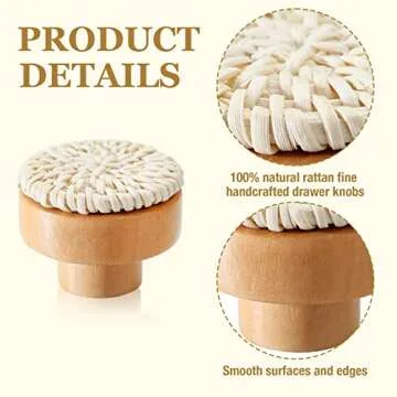 mwellewm 6 Packs Boho Dresser Knobs with 6 Screws, Wood Knobs for Dresser Drawers Boho Handmade Wicker Woven for Boho Furniture Cabinet Wooden Knobs Drawer Handles Dresser Hardware Pulls (White)