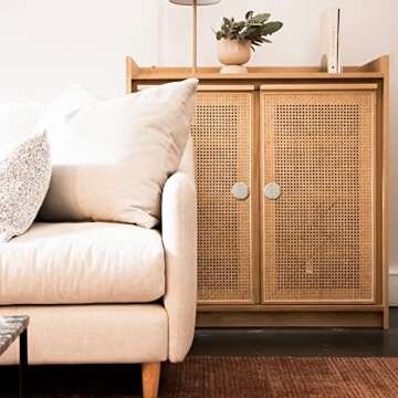 mwellewm 6 Packs Boho Dresser Knobs with 6 Screws, Wood Knobs for Dresser Drawers Boho Handmade Wicker Woven for Boho Furniture Cabinet Wooden Knobs Drawer Handles Dresser Hardware Pulls (White)