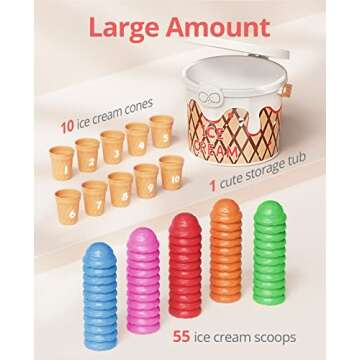 JoyCat Ice Cream Preschool Learning Activities Counting and Color Sorting Set Stacking Toys for Kids 3-5, Fine Motor Skills Toys with Safety Durability, Math Learning Resources for Toddlers 65PCS