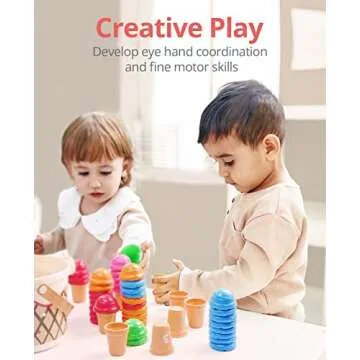 JoyCat Ice Cream Preschool Learning Activities Counting and Color Sorting Set Stacking Toys for Kids 3-5, Fine Motor Skills Toys with Safety Durability, Math Learning Resources for Toddlers 65PCS