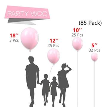 PartyWoo Pastel Pink Balloons, 85 pcs Pink Balloons Different Sizes Pack of 18 Inch 12 Inch 10 Inch 5 Inch Baby Pink Balloons for Balloon Garland Balloon Arch as Birthday Party Decorations, Pink-Q05