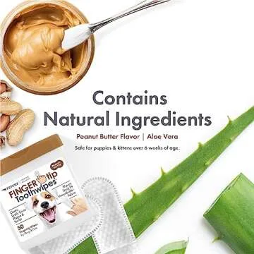 Petkin Fingertip Tooth Wipes for Dogs and Cats, 50 Finger Wipes - Slip-On, Snug Fit, Micro-Bristle Fabric - Cleans Teeth, Gums, Plaque & Tartar - Convenient, Ideal for Home and Travel - Peanut Butter