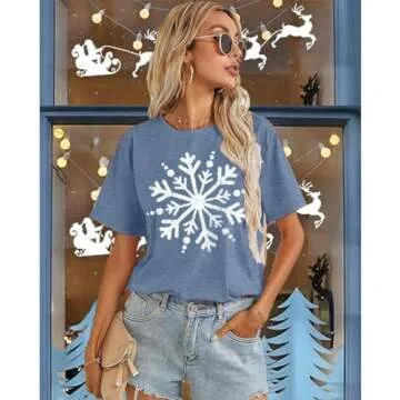 Christmas Blouses for Women Merry and Bright Christmas Shirts Holiday Tops Causal Short Sleeve Winter,Ink Blue L