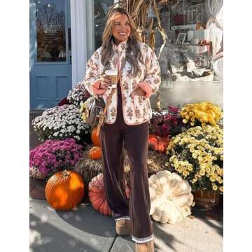 Wyeysyt Women's Cropped Quilted Jacket Floral Print Padded Puffer Jackets Lightweight Open Front Cardigan Coat Outwear (Apricot-M)