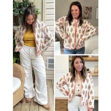 Wyeysyt Women's Cropped Quilted Jacket Floral Print Padded Puffer Jackets Lightweight Open Front Cardigan Coat Outwear (Apricot-M)