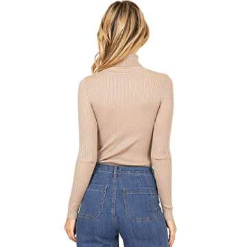 Ambiance Apparel Women's Ribbed Long Sleeve Turtleneck Top (S, Khaki)