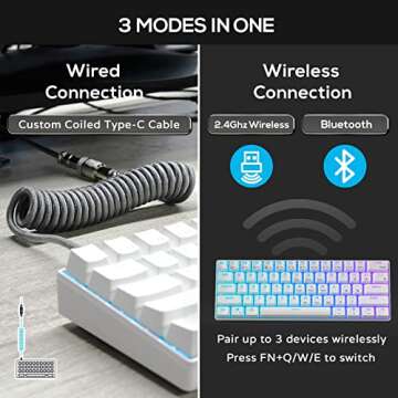 RK ROYAL KLUDGE RK61 60% Mechanical Keyboard with Coiled Cable, 2.4Ghz/Bluetooth/Wired, Bluetooth 61...