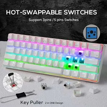 RK ROYAL KLUDGE RK61 60% Mechanical Keyboard with Coiled Cable, 2.4Ghz/Bluetooth/Wired, Bluetooth 61 Keys, Wireless RGB Hot Swappable Brown Switch Gaming Mini Keyboard with Software - White