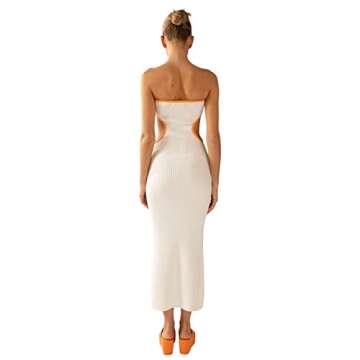 Faretumiya Chic Tube Maxi Dress Women Strapless Low Cut Backless Skinny Long Dress Going Out Formal Wedding Guest Dress(Tube Cutout Beige,Small)