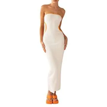 Faretumiya Chic Tube Maxi Dress Women Strapless Low Cut Backless Skinny Long Dress Going Out Formal Wedding Guest Dress(Tube Cutout Beige,Small)