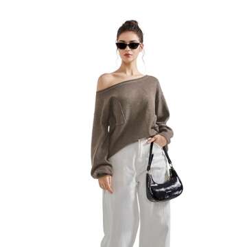 SUUKSESS Women Off The Shoulder Knitted Sweaters Crew Neck Long Sleeve Going Out Fall Tops Oversized Trendy Pullover Sweater (Oatmeal, S)