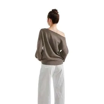 SUUKSESS Women Off The Shoulder Knitted Sweaters Crew Neck Long Sleeve Going Out Fall Tops Oversized Trendy Pullover Sweater (Oatmeal, S)