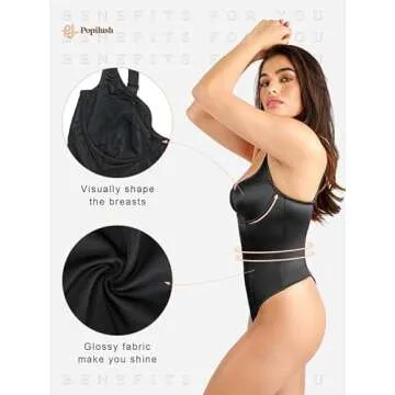Popilush Corset Body Suits Built in Bra Black Thong Shapewear Bodysuit Satin Backless with underwire for Women S
