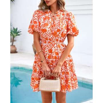 BTFBM Women Summer Floral Short Dresses V Neck Short Sleeve Tiered Ruffle Boho Swing Dress A-Line Mi...