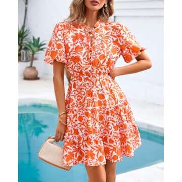 BTFBM Women Summer Floral Short Dresses V Neck Short Sleeve Tiered Ruffle Boho Swing Dress A-Line Mini Dresses(White Orange Floral,Medium)