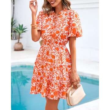 BTFBM Women Summer Floral Short Dresses V Neck Short Sleeve Tiered Ruffle Boho Swing Dress A-Line Mini Dresses(White Orange Floral,Medium)