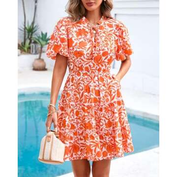 BTFBM Women Summer Floral Short Dresses V Neck Short Sleeve Tiered Ruffle Boho Swing Dress A-Line Mini Dresses(White Orange Floral,Medium)