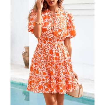 BTFBM Women Summer Floral Short Dresses V Neck Short Sleeve Tiered Ruffle Boho Swing Dress A-Line Mini Dresses(White Orange Floral,Medium)