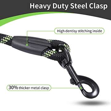 HIKISS 5 FT Strong Dog Leash, Rope Leash with Comfortable Padded Handle and Highly Reflective Threads Durable Dog Leashes for Medium and Large Dogs-Black Green(18-120 lbs)