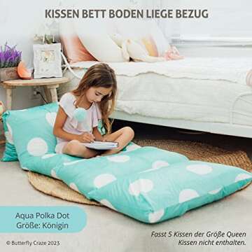 Butterfly Craze Floor Pillow Case, Mattress Bed Lounger Cover, Polka Aqua, Queen Size - Cozy Seating Solution for Kids & Adults, Recliner Cushion, Perfect for Reading, TV Time (Pillow Not Included)